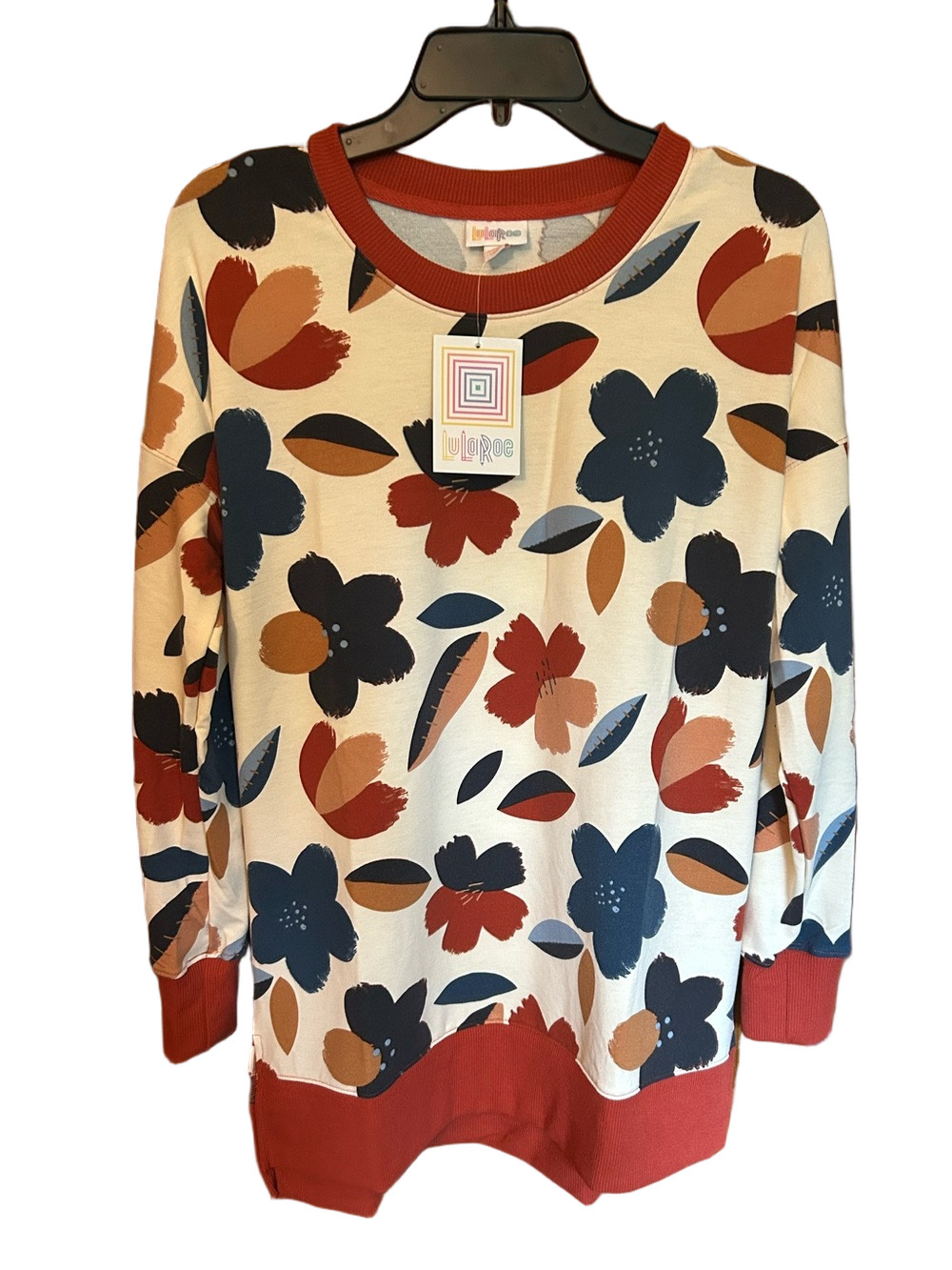 LuLaRoe Cream Top with Blue, Rust & Tan Fall Floral Print - XS NWT